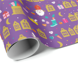 Papier Cadeau Sinterklaas rencontré huisjes, zak kadootjes en sn