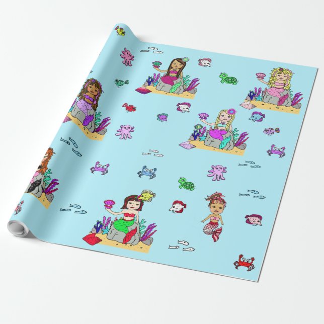 Papier Cadeau Sirène et créatures de mer Enveloppement cadeau de (Déroulé)