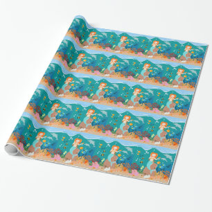 Papier Cadeau Sirène et dauphins sous la mer fête d'anniversaire