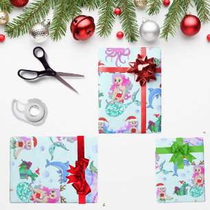 Papier Cadeau Sirènes célébrant Noël avec des amis