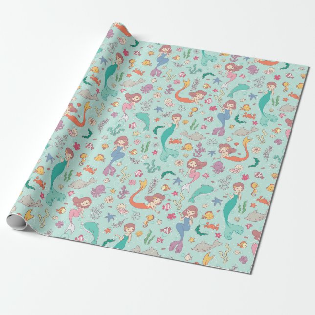 Papier Cadeau Sirènes et amis sous-marins enveloppant du papier (Déroulé)