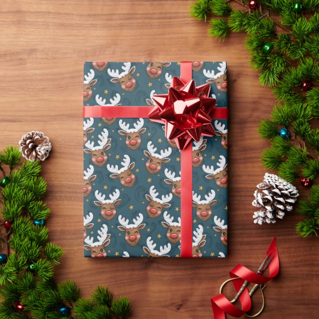 Papier Cadeau Sketchy Winking Reindeer Face Teal Pattern (Cadeau de vacances)