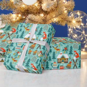 Papier Cadeau Ski d'hiver à la main Animaux sauvages Nature Cade
