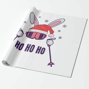 Papier Cadeau Ski Père Noël Rabbit avec Santa Hat et bâtons de s