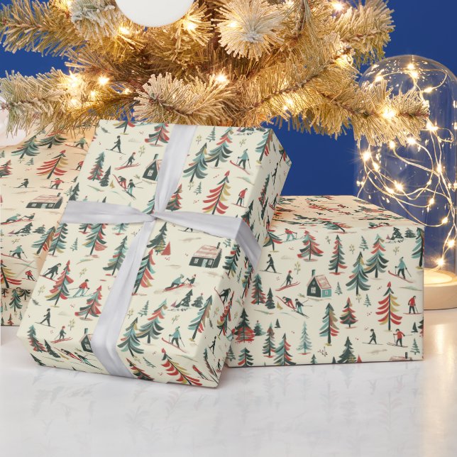 Papier Cadeau Skieurs et sapins : Motif de la scène d'hiver (Vacances)