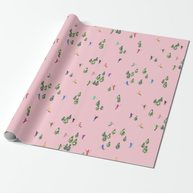 Papier Cadeau Skieurs roses Ski d'ouverture Noël Ski de vacances (Déroulé)