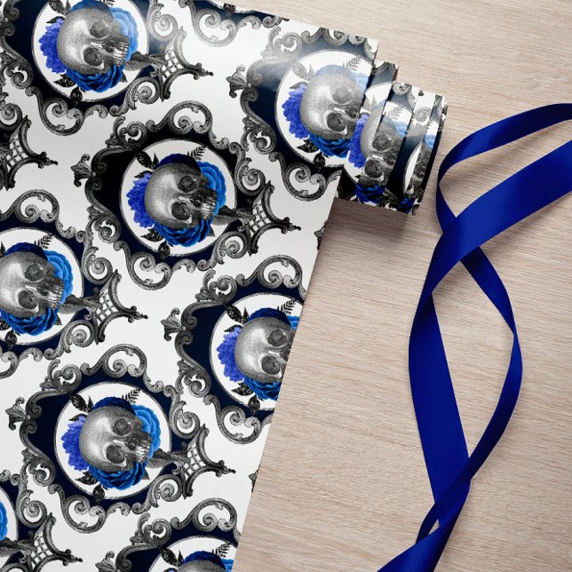 PAPIER CADEAU SKULS BLEUS VINTAGE NOËL DÉPLAISANT (royal blue skulls vintage retro creepy christmas halloween gosth monster fear of the dark)