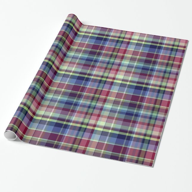 Papier Cadeau Sky Blue Navy Bourgogne Pistach Preppy Madras Plai (Déroulé)