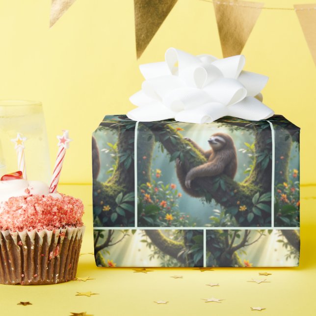 Papier Cadeau Sloth dans une forêt tropicale (Fête d'anniversaire)