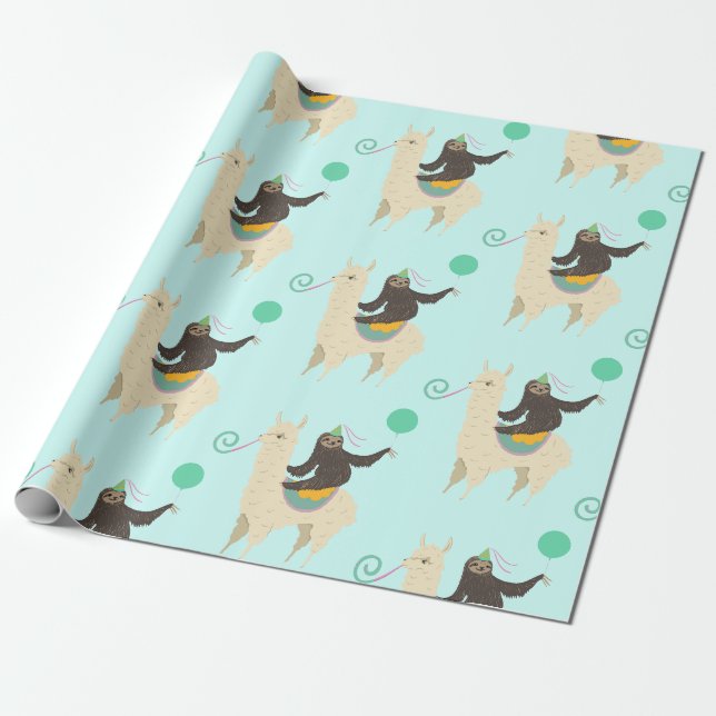 Papier Cadeau Sloth Riding Llama Anniversaire (Déroulé)