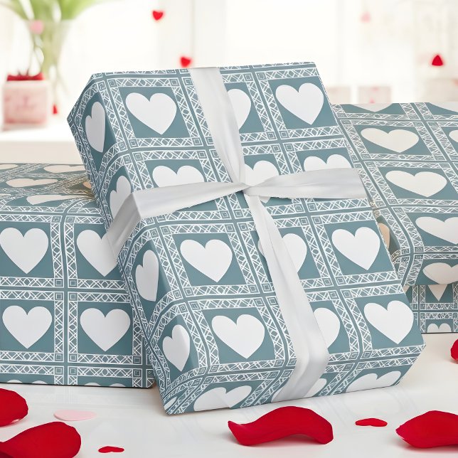 Papier Cadeau Smoky Teal Geometric Hearts Valentine Gift (Créateur téléchargé)