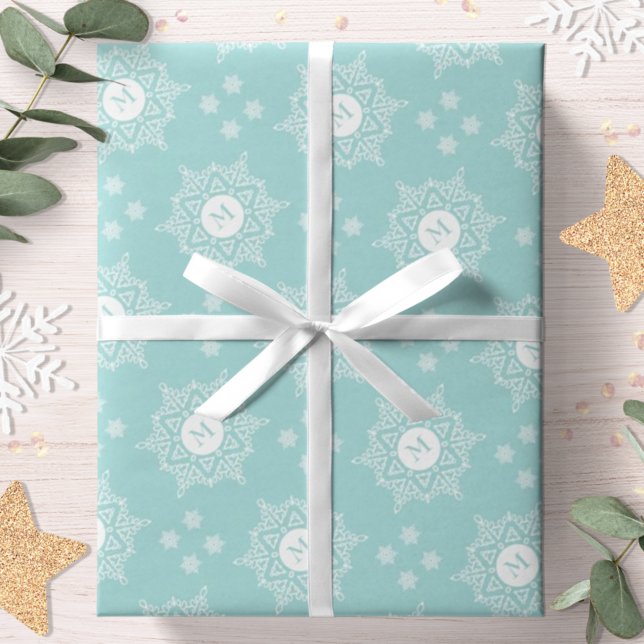 Papier Cadeau Snowflake Monogramme Moderne Aqua Noël (Créateur téléchargé)