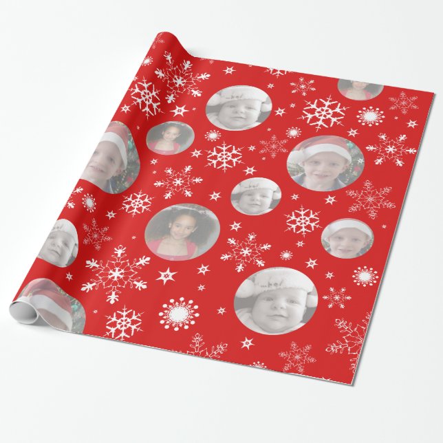 Papier Cadeau Snowflake rouge photo motif Noël photo de famille (Déroulé)