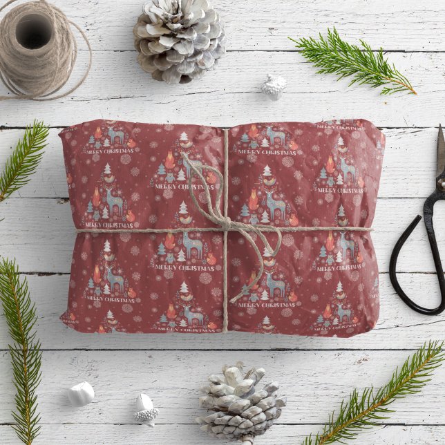 Papier Cadeau Snowflake scandinave Arbre de rennes Animal Red (Créateur téléchargé)