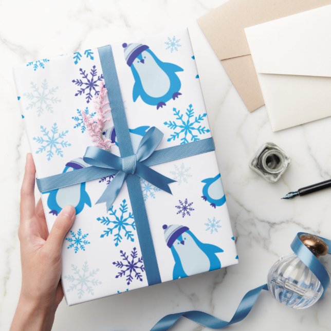 Papier Cadeau Snowflakes bleu et pingouins mignons Blanc sans jo (Cadeaux)