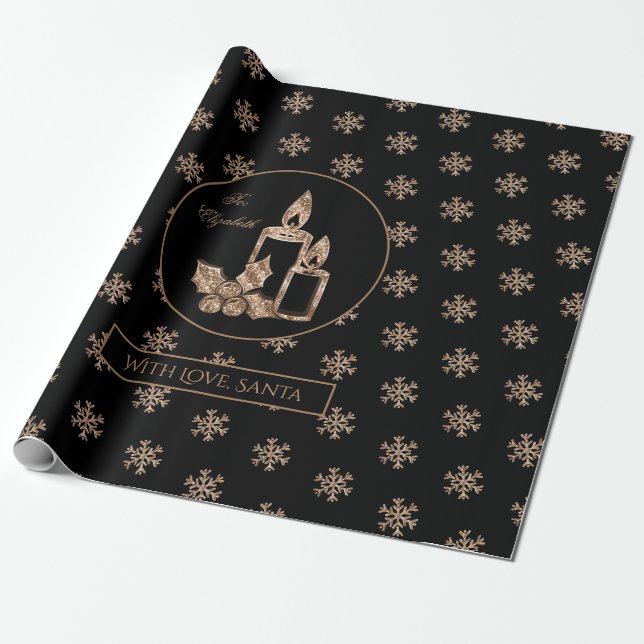 Papier Cadeau Snowflakes Bougies Holly Noir et Or Noël (Déroulé)