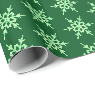 Papier Cadeau Snowflakes, cristaux vert pâle sur vert foncé