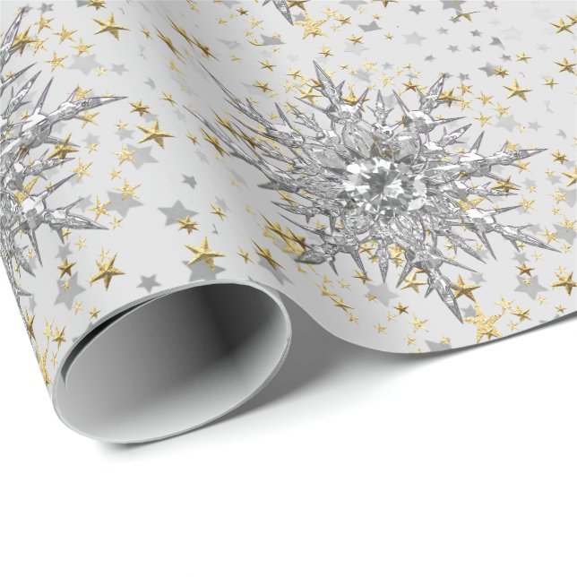 Papier Cadeau Snowflakes en argent et papier d'enveloppement dia (Coin rond)