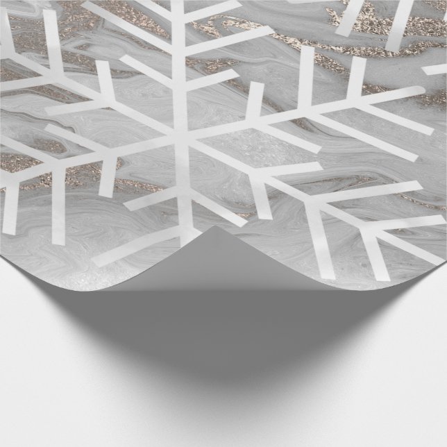 Papier Cadeau Snowflakes Noël Marbre gris ivoire (Coin)