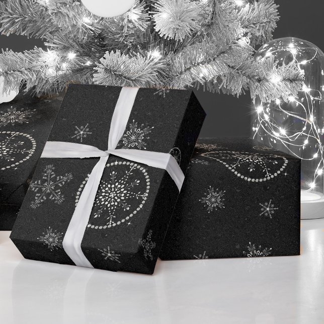 Papier Cadeau Snowflakes Parties scintillant Black Christmas Chi (christmas decor snow snowflake glitter sparkle rhinestones glam wrapping paper)