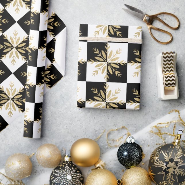 Papier Cadeau Snowflakes Parties scintillant or À damiers noir e (Créateur téléchargé)