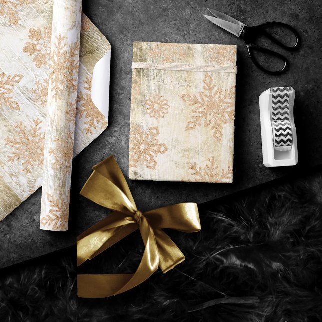 Papier Cadeau Snowflakes rustiques | Grunge d'or Plaques en bois (Créateur téléchargé)