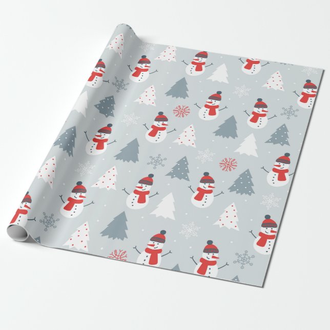 Papier Cadeau Snowman & Arbres de Noël Motif de Noël (Déroulé)