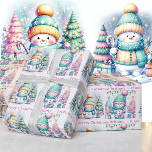 Papier Cadeau Snowman Personnaliser Nom rose Fille Noël