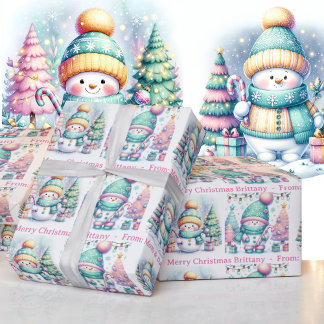 Papier Cadeau Snowman Personnaliser Nom rose Fille Noël