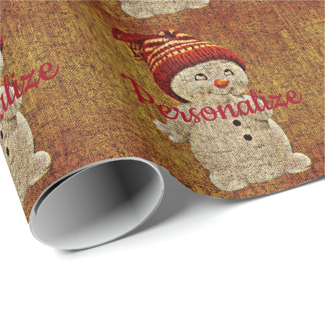 Papier Cadeau Snowman sur burlap mignon hiver rustique (Coin rond)