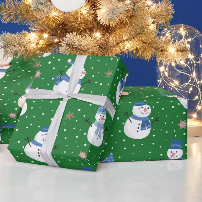 Papier Cadeau Snowmen avec Arrière - plan Emerald Green (Vacances)