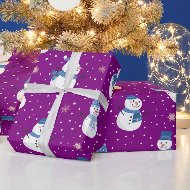 Papier Cadeau Snowmen avec Arrière - plan pourpre (Vacances)