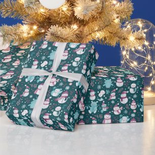 Papier Cadeau Snowmen Snowflakes Green Christmas