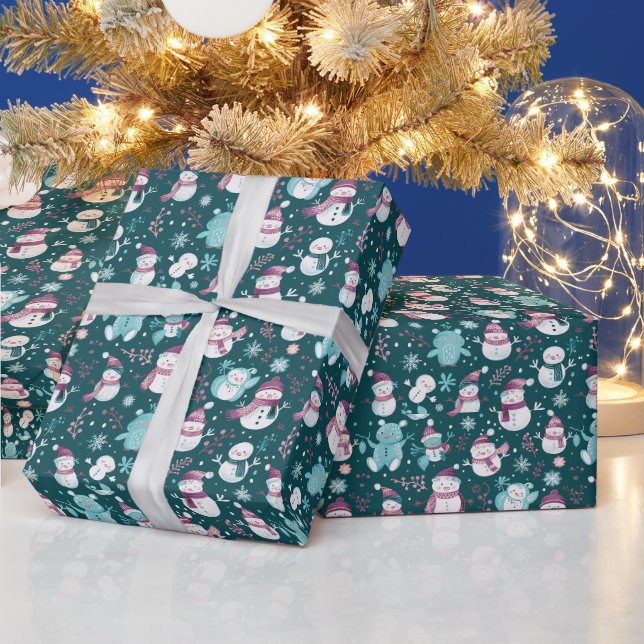 Papier Cadeau Snowmen Snowflakes Green Christmas (Vacances)