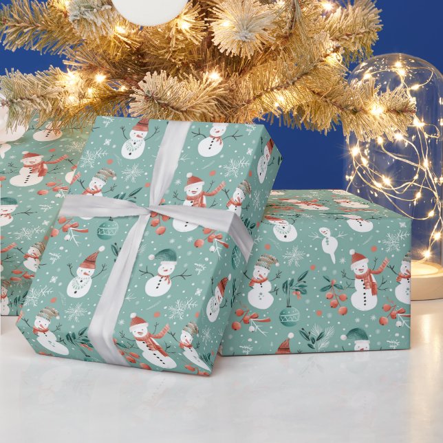 Papier Cadeau Snowmen Snowflakes Holly Feuilles Green Christmas (Vacances)