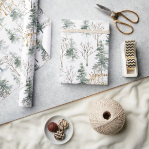 Papier Cadeau Snowy Winter Trees Joyeux Noel Typographie d'or