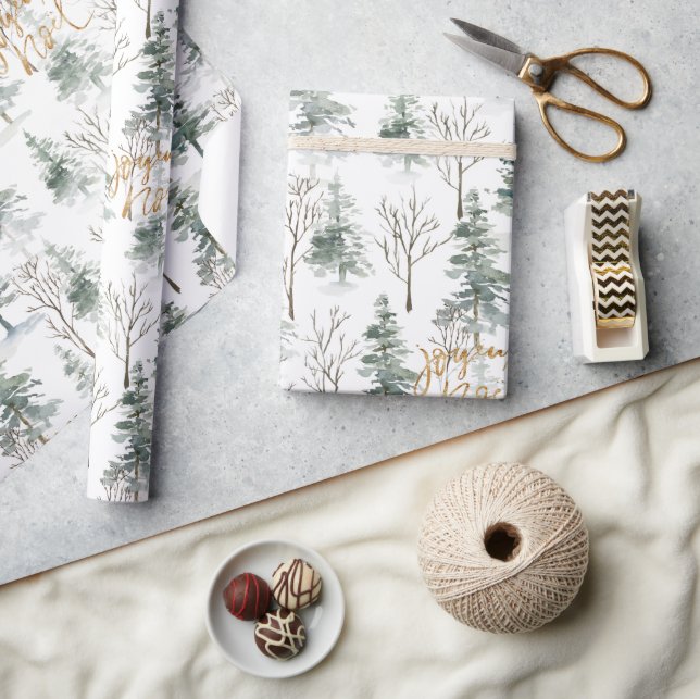 Papier Cadeau Snowy Winter Trees Joyeux Noel Typographie d'or (Artisanat)