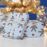Sock Monkey with Santa Hat Blue Christmas Holidays