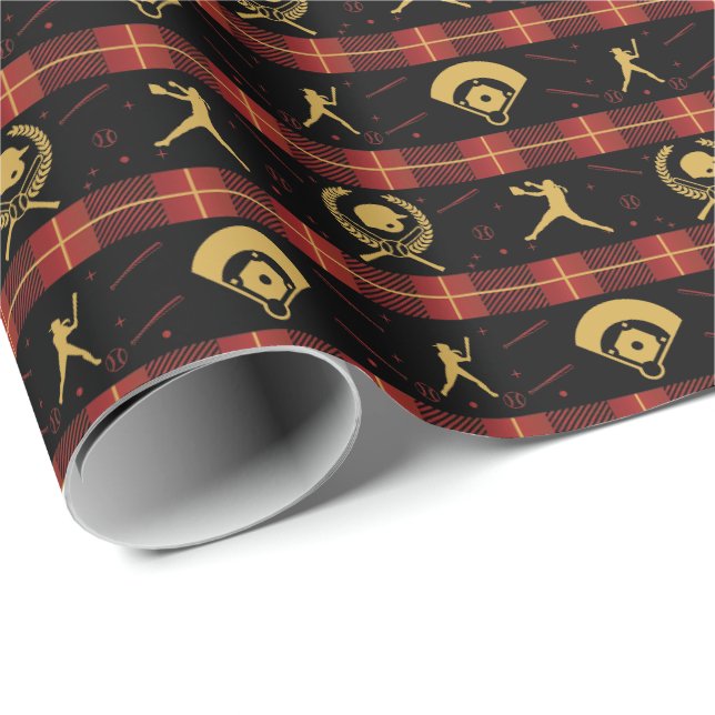 Papier Cadeau Softball féminin - Christmas Red Check (Coin rond)