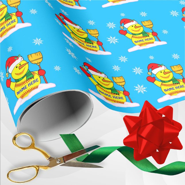 Papier Cadeau Softball Snowman Softball Wrapper Papier avec NOM (Softball christmas wrapping paper. Wow your softball players with Personalized Softball Gift Wrap.)
