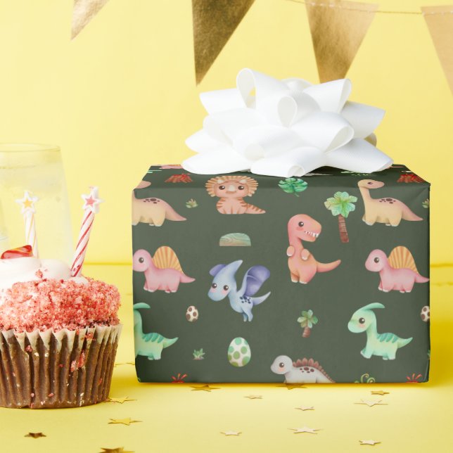 Papier Cadeau Soirée d'anniversaire des Motifs Dino Vert pour en (Fête d'anniversaire)