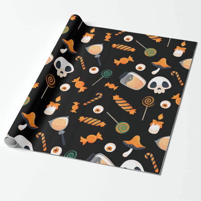 Papier Cadeau Soirée d'anniversaire d'Halloween Bones et bonbons (Déroulé)