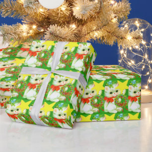 Papier Cadeau Soirée en carrelage de chat de Noël de vintae rétr