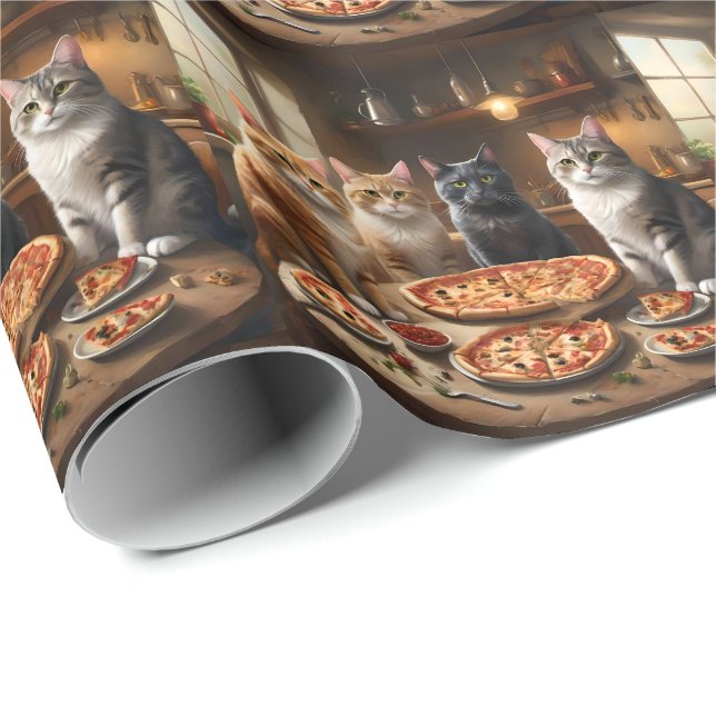 Papier Cadeau Soirée Pizza Chat, (Coin rond)