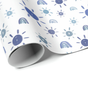 Papier Cadeau Soleil bohème et arcs-en-ciel en bleu