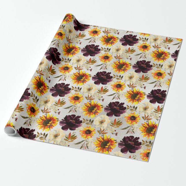 Papier Cadeau Soleil d'or Bordeaux Vins pivoines Floral (Déroulé)