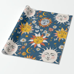 Papier Cadeau Soleil et Lune Floral en Bleus et Jaunes