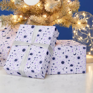 Papier Cadeau Soleil Lune Étoiles Célestes Noir et Violet