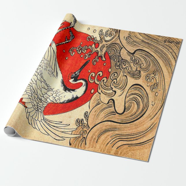 PAPIER CADEAU SOLEIL ROUGE, CRANE DE VOL JAPONAISE ET VAGUES MAR (Déroulé)