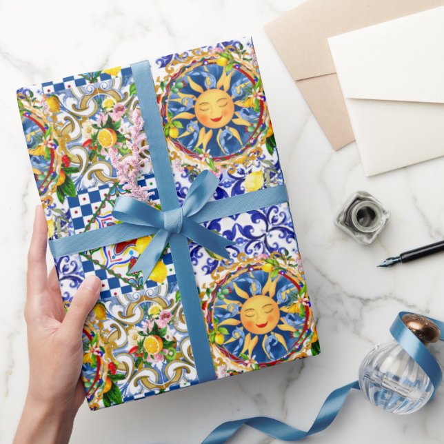 Papier Cadeau soleil sicilien, citron, carreaux méditerranéens, (Cadeaux)